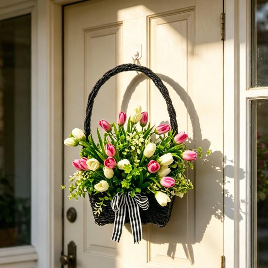 Spring Summer Tulip Basket Wreath for Front Door Artificial Floral Door Hanging Wreath with Woven Basket for Farmhouse Home Wall Door