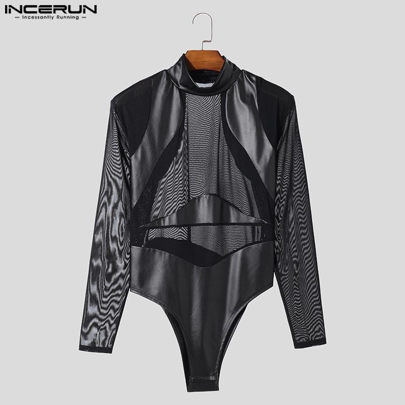 INCERUN Men Long Sleeve Glitter Patchwork Mesh Sheer See Through Leotard Jumpsuits