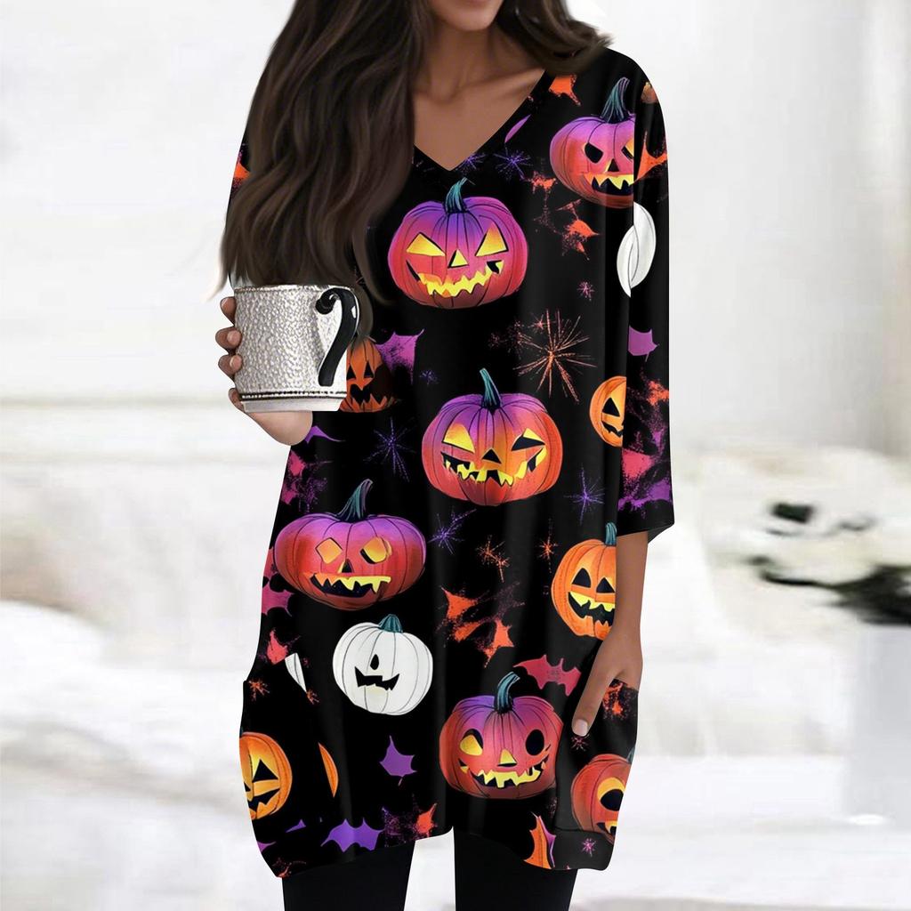 Womens Tops V-neck 3/4 Sleeve Blouses Casual Mid-length Shirts Fashion Halloween Print Tunic Tops With Pockets