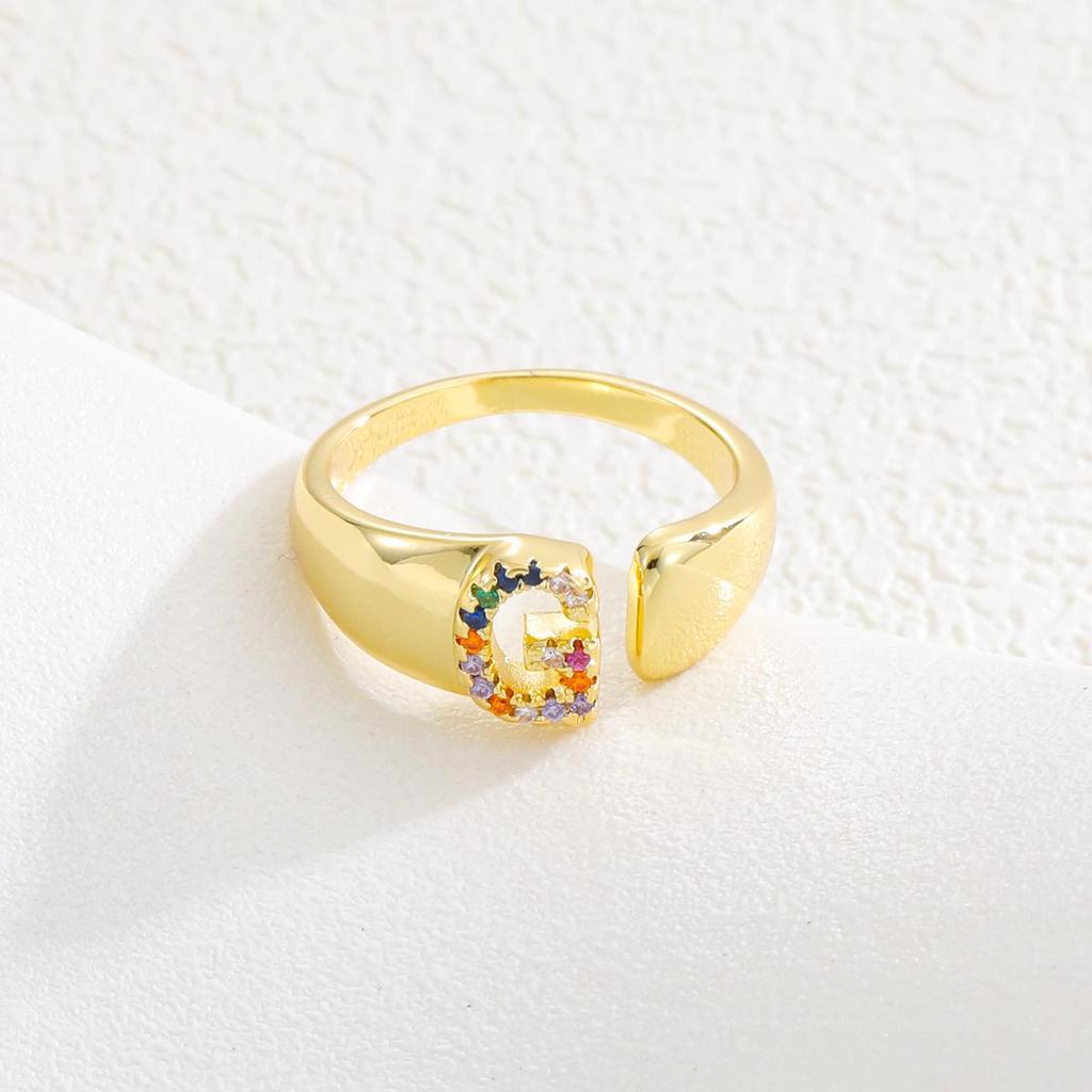 Fashionable Colorful Zircon Alphabet Adjustable Retro Ring