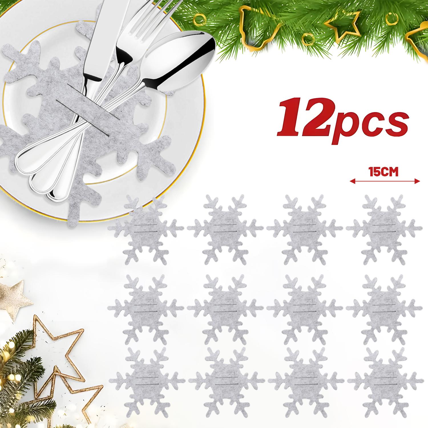 

12PCS Snowflake Cutlery Holder Set Non-woven Fabric Silverware Organizer Bag Table Ornament Xmas New Year Party Decoration Gifts 12PCS
