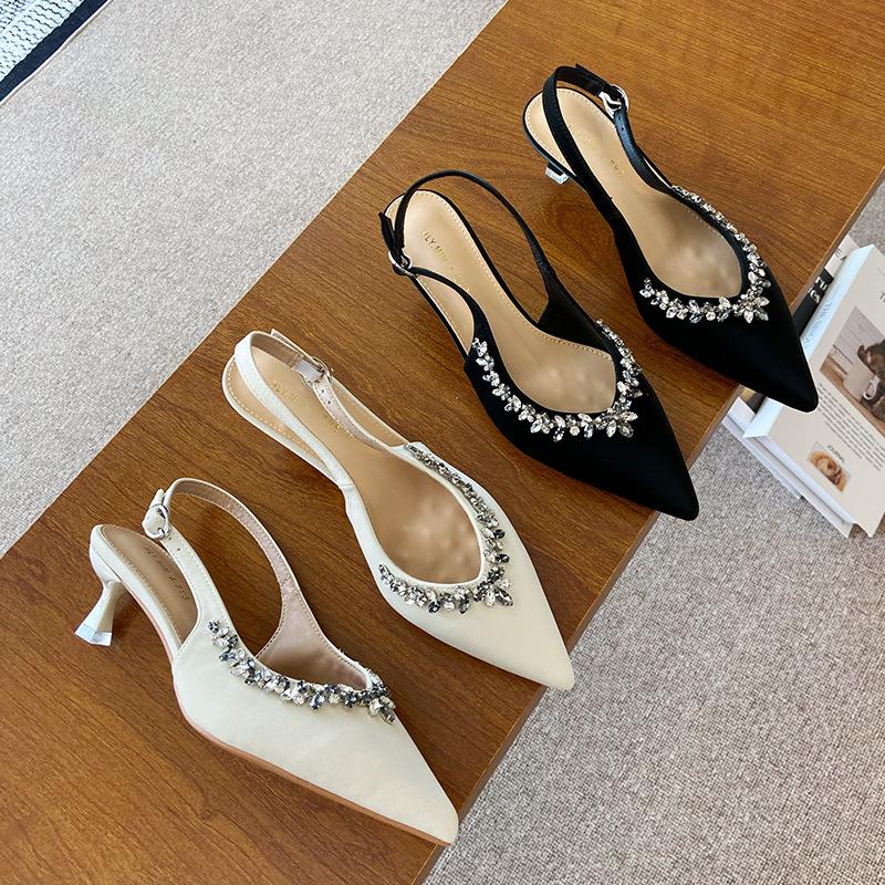 693-5 One-word sandals women's French 2025 summer new versatile women's pointed sexy rhinestone versatile shoes women