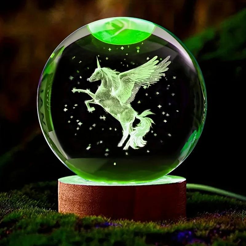 6CM Unicorn Crystal Ball Decorative Crystal Glass Ball Laser Internal Carving Colorful Light Base Ornament Valentine's Day Gift
