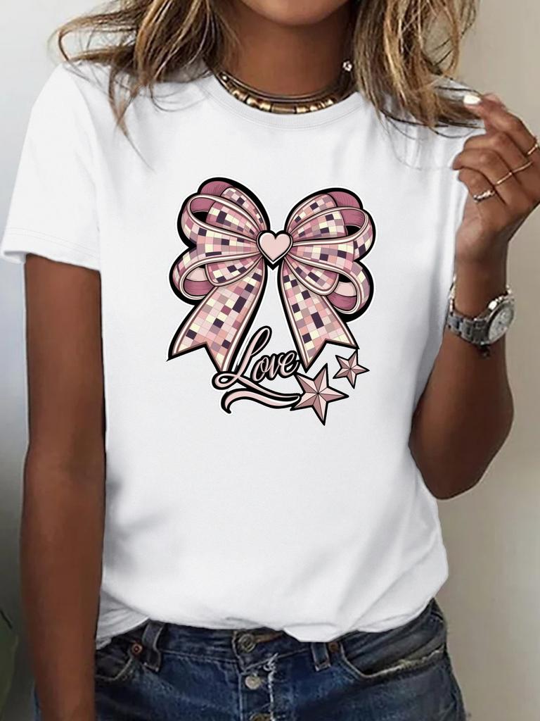 Womens Soft TShirt with Stylish Pink Bow LOVE Design Comfort Fit Short Sleeve Round Neck Casual for Women Tshirt Clothing