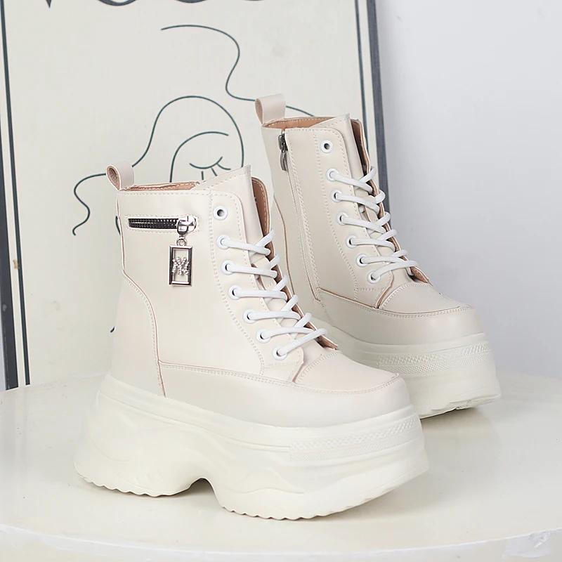 Modă 12CM Piele Naturală Platformă Pană Adidași Groși Primăvară Toamnă Botine Gleznă Botine Dama Culoare Mixtă Pantofi cu Toc Ascuns