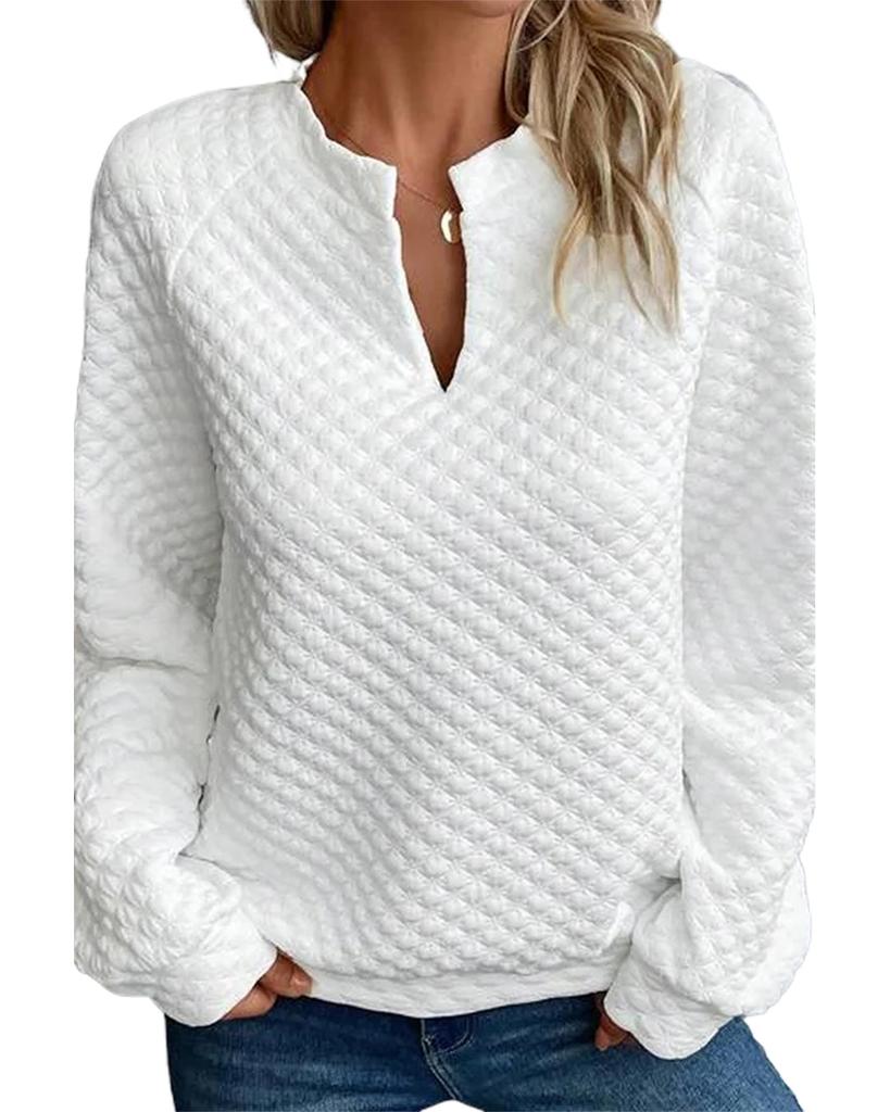 Azura Exchange White Split Neck Quilted Long Sleeve Top
