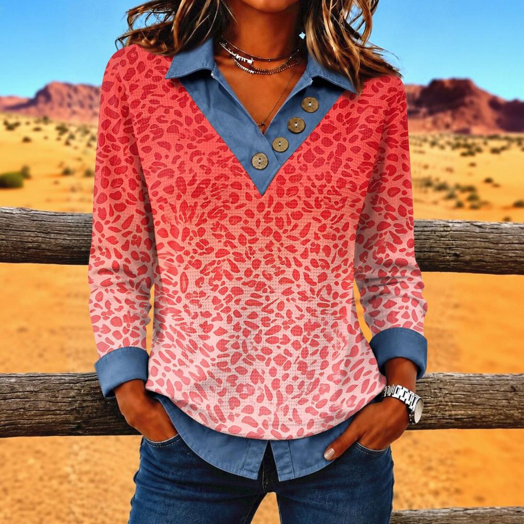 Women's Casual V-Neck Button Trim Leopard Print Long Sleeve Top for Everyday Wear