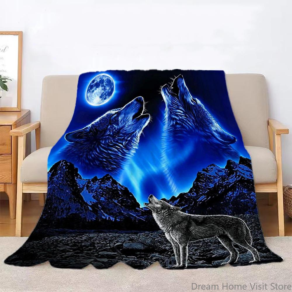 Howling Wolf Print Flannel Plush Throw Blanket – Super Soft, Cozy Throw with Majestic Wolf & Mountain Design for Bedroom or Sofa