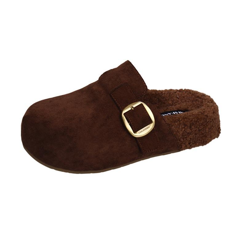 Leather Thick-soled Bag Head and Half Slippers for Women To Wear Autumn and Winter New Models, One-pedal Fluffy Shoes, Cotton Slippers