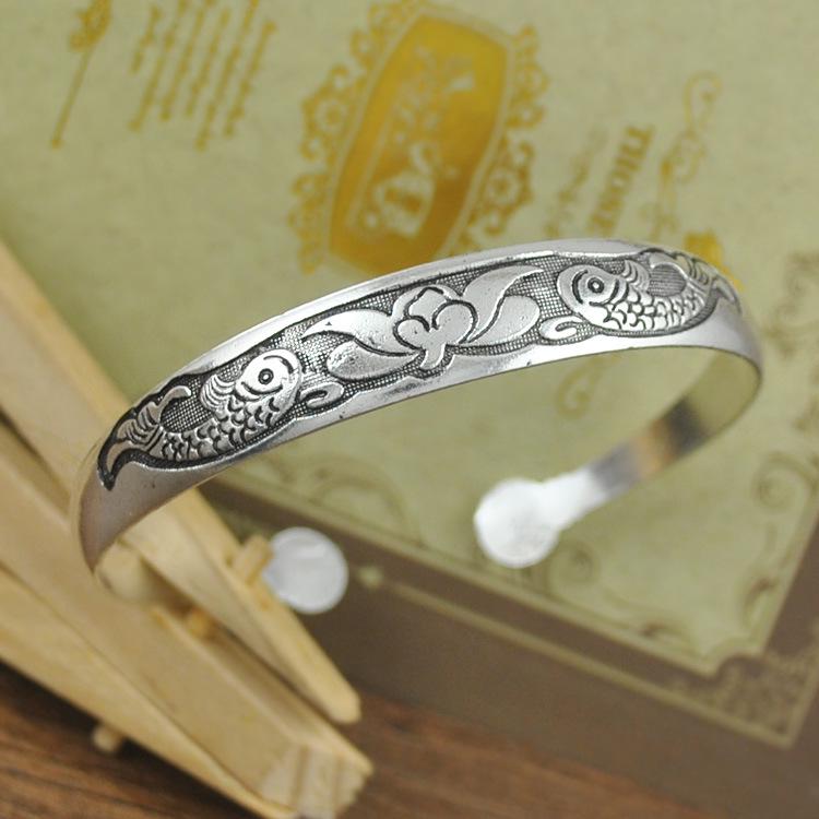 Ethnic Tibetan Miao Silver Vintage Carved Open Bangle Women's Jewelry