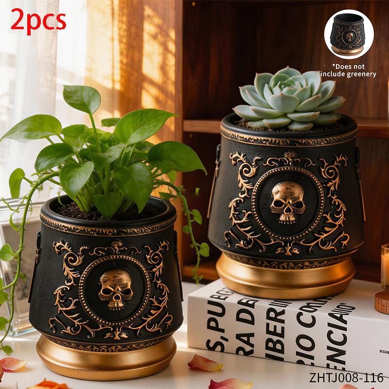 Gothic Skull Embossed Flower Pot Black Gold Resin Planter for Succulents Small Plants Home Office Desktop Window Decoration