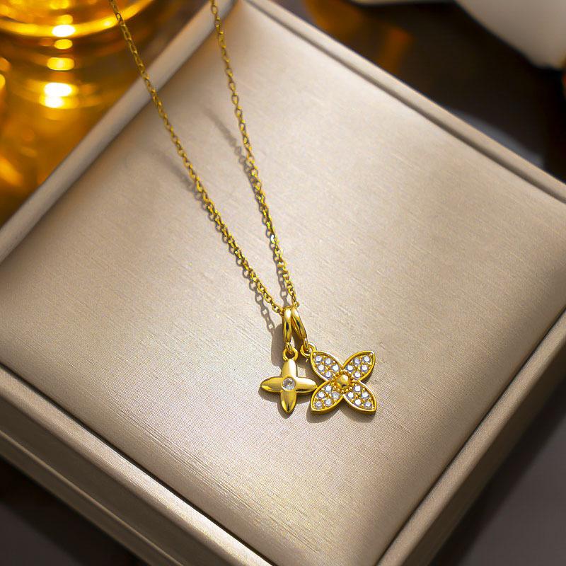 Niche Design New Double Four-Leaf Flower Necklace Female High-Class Sense Of Sweet Tide Cool Do Not Lose Colour Collarbone Chain