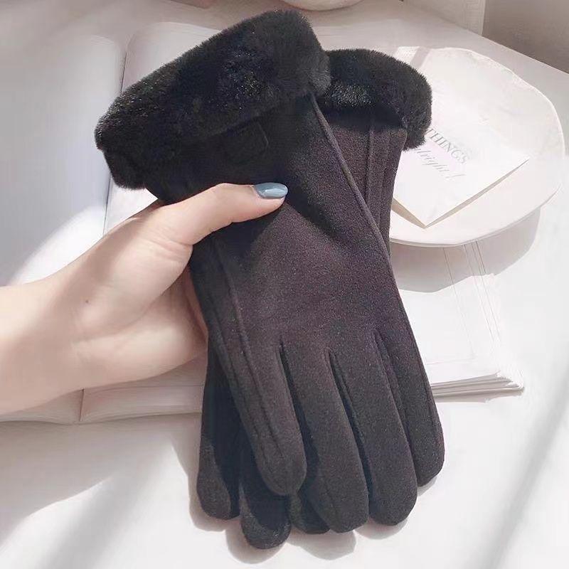 Cycling gloves women s winter warm and cold-proof cycling can touch screen piled thickened non-slip and wear-resistant plush gloves One size fits all чёрный
