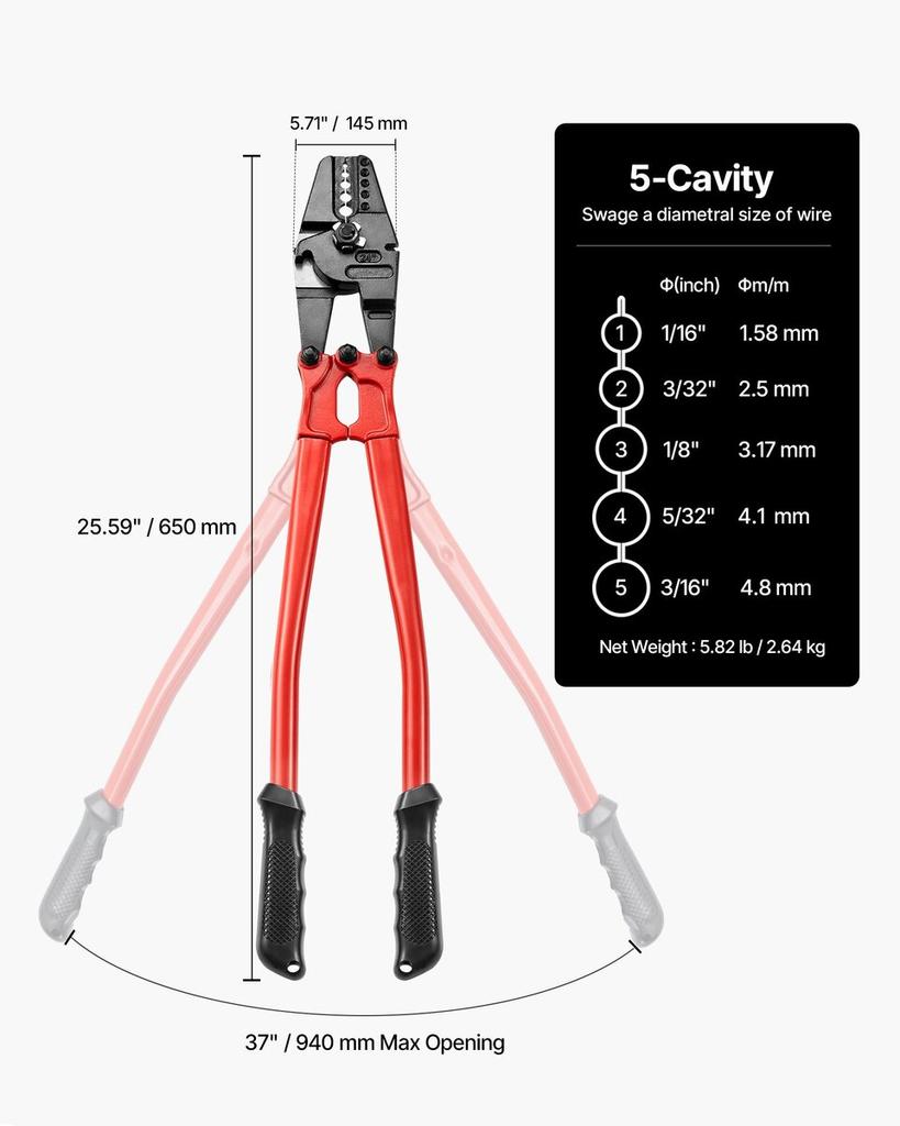 24 Inch Hand Swager Crimper 5 Cavity 1/16 to 3/16inch Swaging Tool for Copper Aluminum Oval Sleeves and Stop Sleeves Wire Rope Crimping Tool Propress