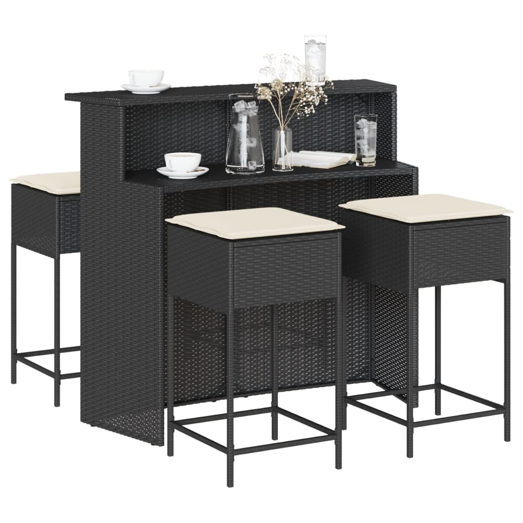 5 Piece Outdoor Bar Set with Cushions Black Poly Rattan