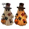 Seasonal Farmhouse Style Crafts Lighted Patchwork Ghost Resin Figurine with Pumpkin Lantern, Rustic Halloween Whimsical Autumn Home Accents