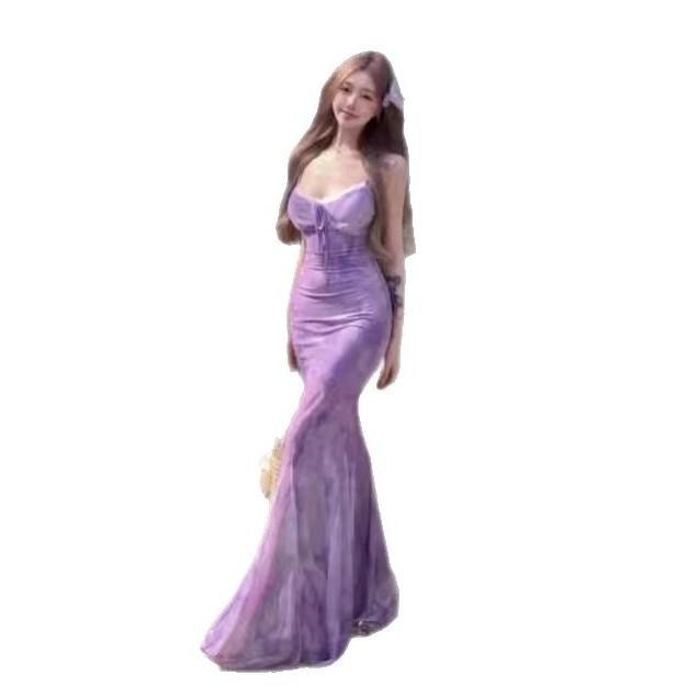 Lace Splicing Purple Suspender Dress Women's Summer Mesh Slim Fishtail Dress Pure Waist Hip Skirt