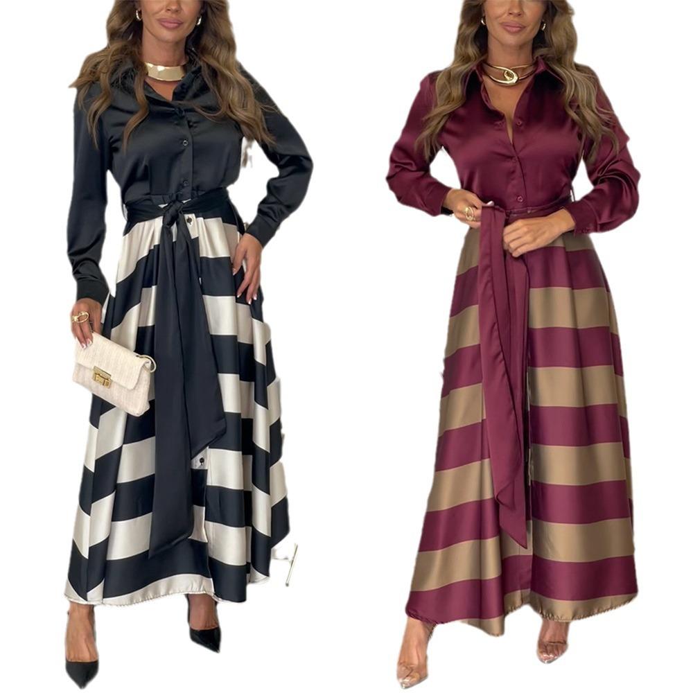 European and American autumn women's clothing long elegant lace-up printed splicing dress long dress