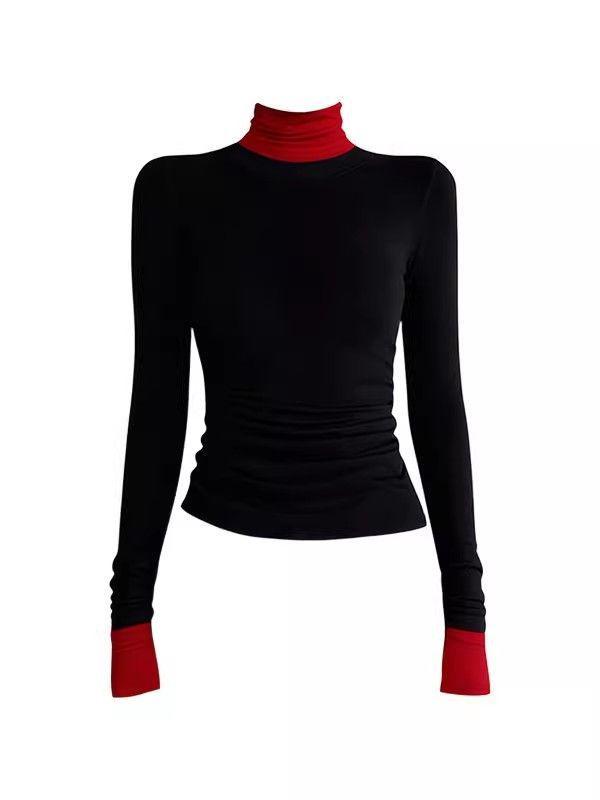 Women's Korean-Style Contrast Color High Neck Long Sleeve Slim Fit Top for Autumn/Winter