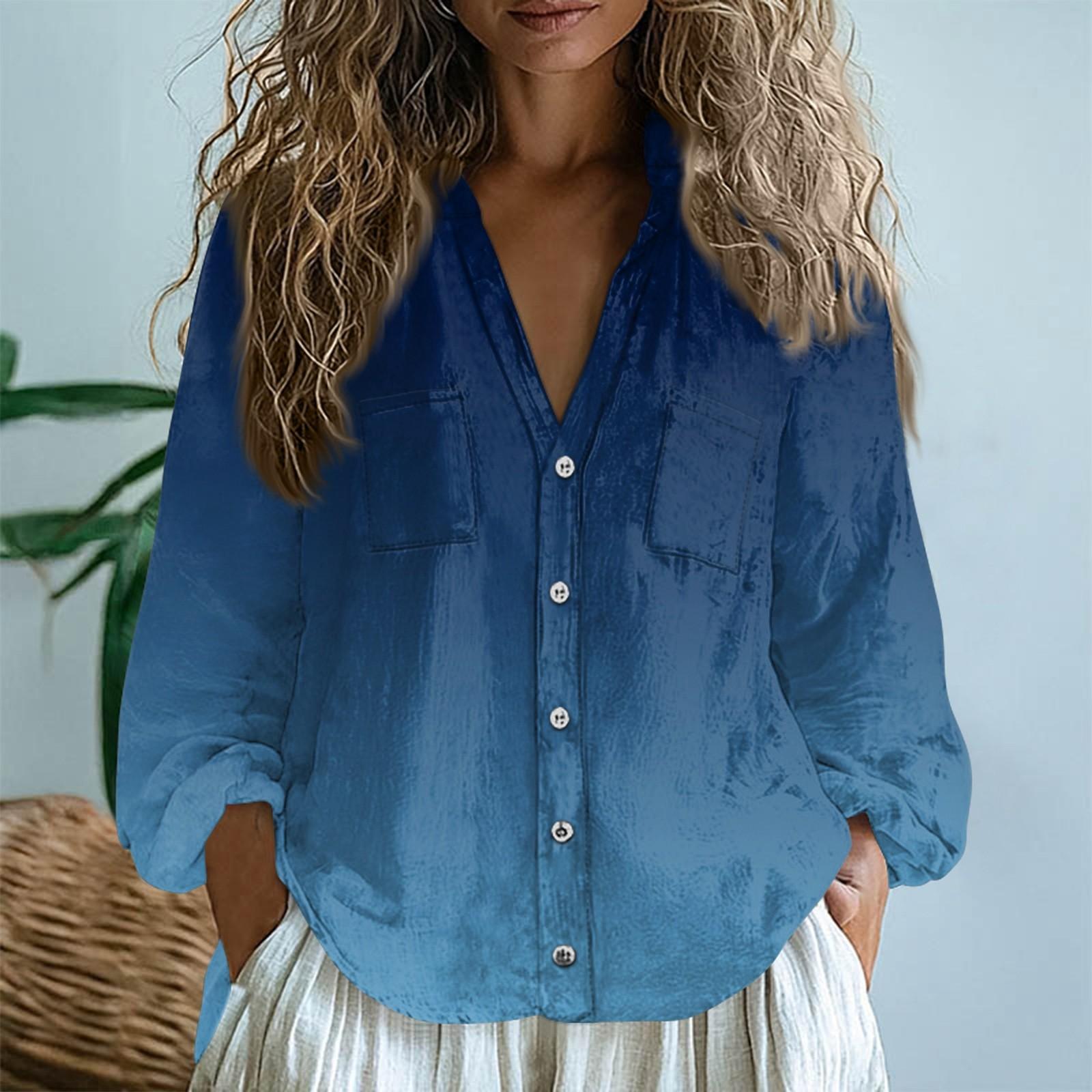 

Женские хлопковые льняные топы с длинными рукавами, свободные футболки с V-образным вырезом в стиле бохо, винтажные блузки XL синий