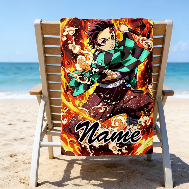 1pc Demon Slayer1 Beach Towel with Custom Name, Beach/Swimming/Bath/Picnic/Camping Towel, Suitable for Seaside Beaches