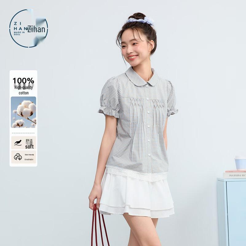 ZIHAN Women s Plaid Doll Collar Short Sleeve Shirt EU 38