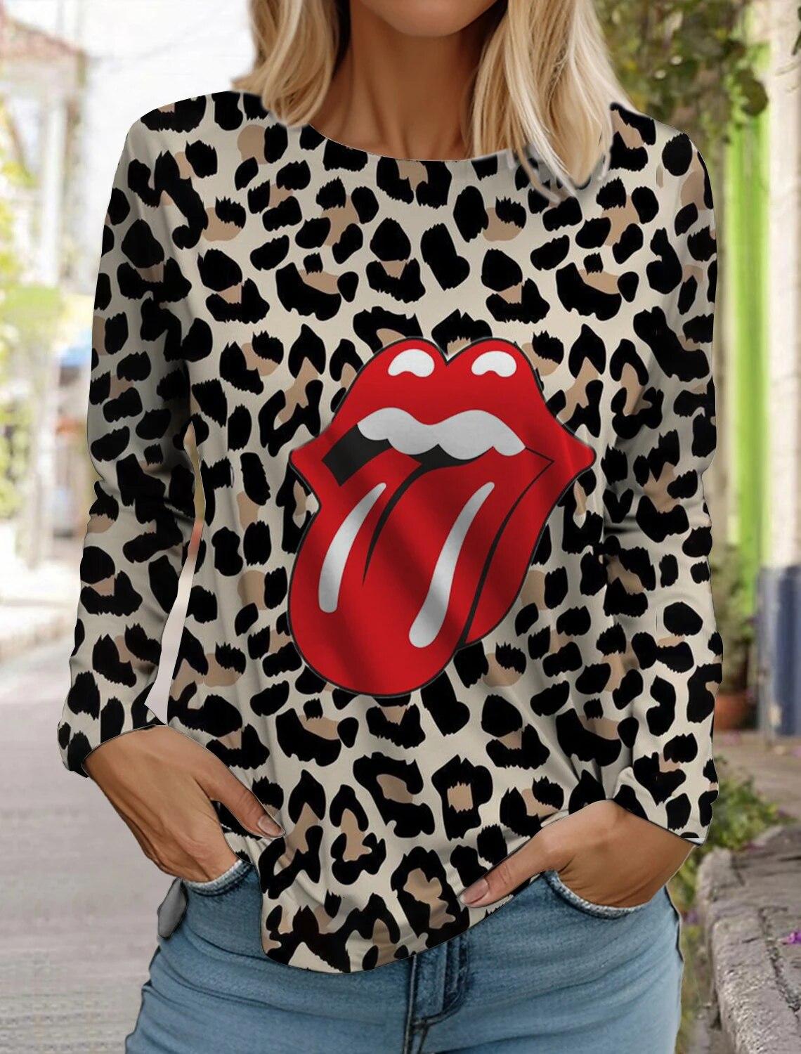 

Женская футболка с длинным рукавом 2023, женские леопардовые футболки с принтом губ, повседневные роскошные женские футболки, свободная одежда Y2k для девочек L