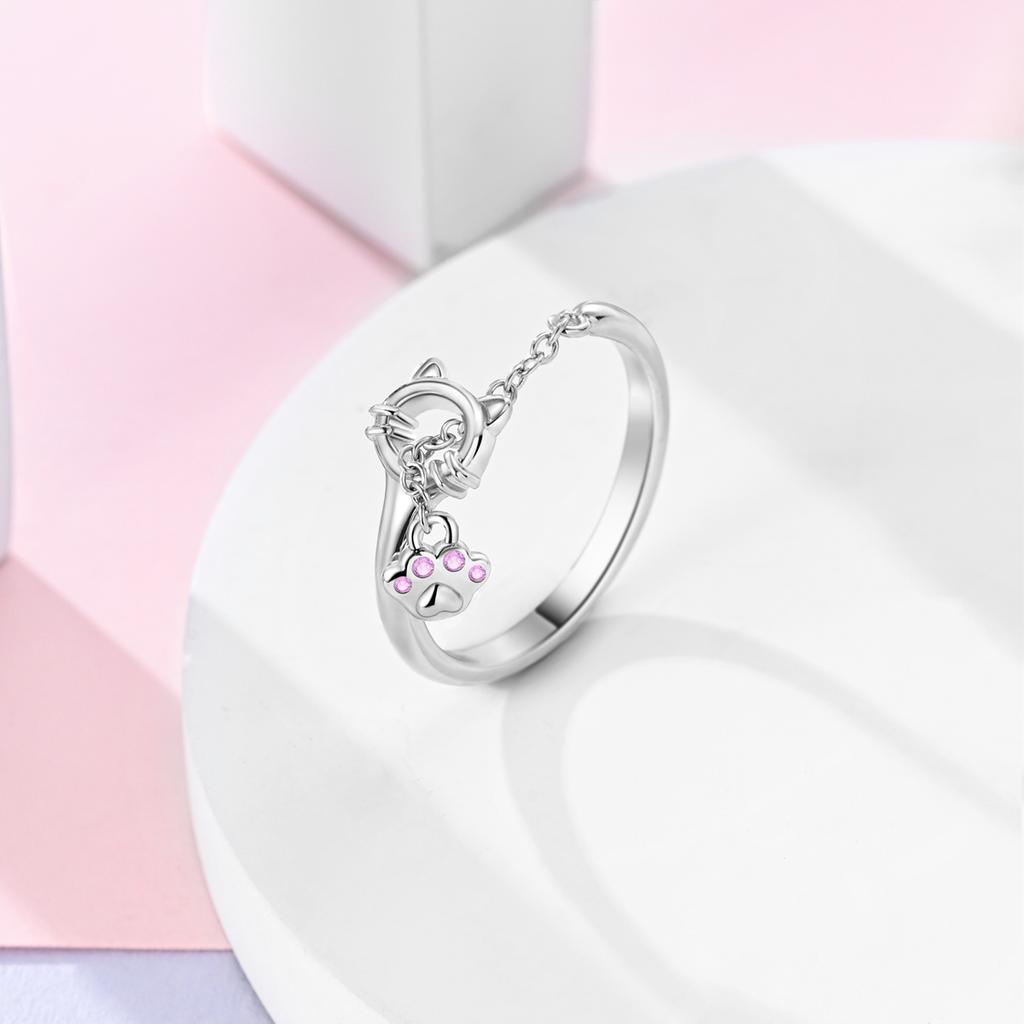 Copper Cute Cat Paw Chain Open Ring For Women Pink Cz Inlaid Dainty Adjustable Animal Fine Jewelry Gift