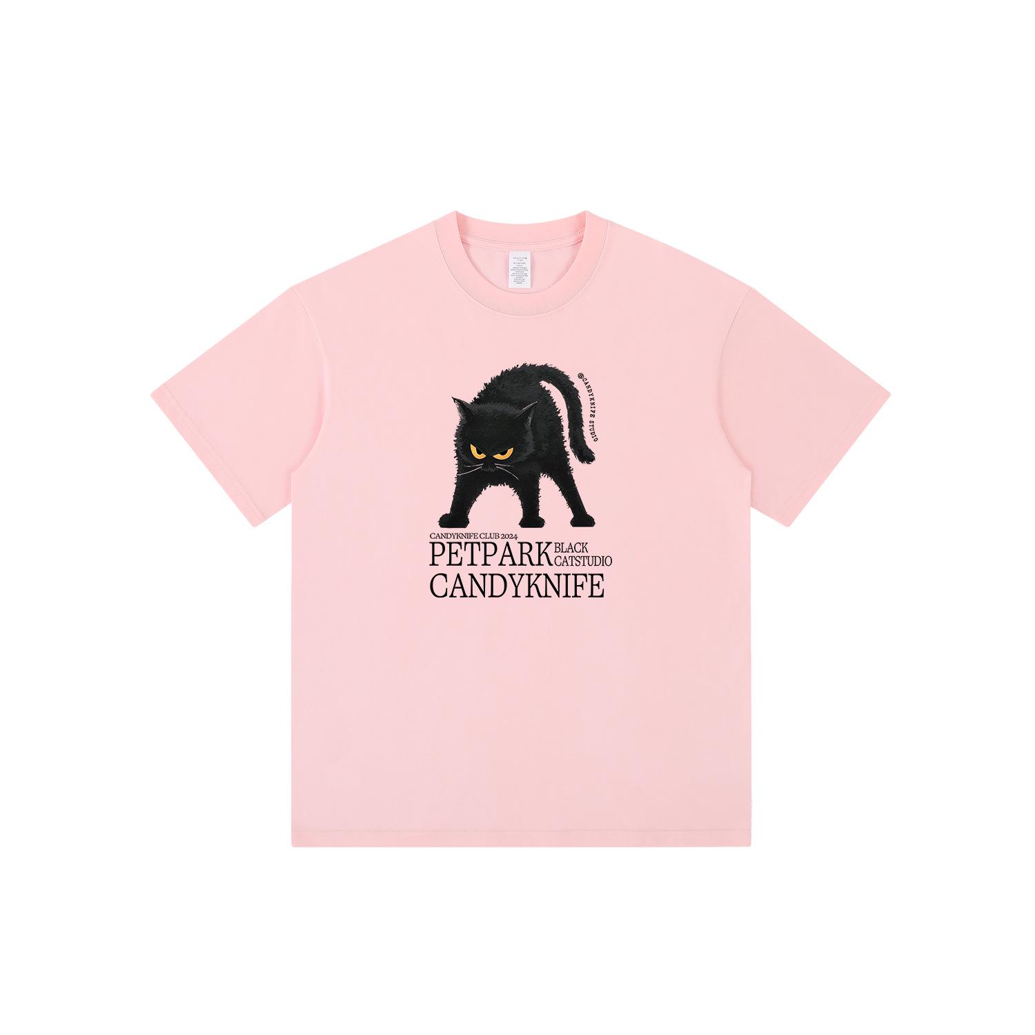 

Мужская футболка ретро с принтом черного кота абрикосового цвета - короткий рукав, свободный крой XL розовый