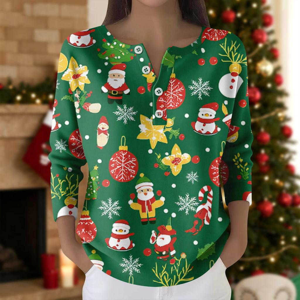 Damska Moda Top z Długim Rękawem z Nadrukiem Świątecznej Śnieżynki Elegancki Casualowy Top