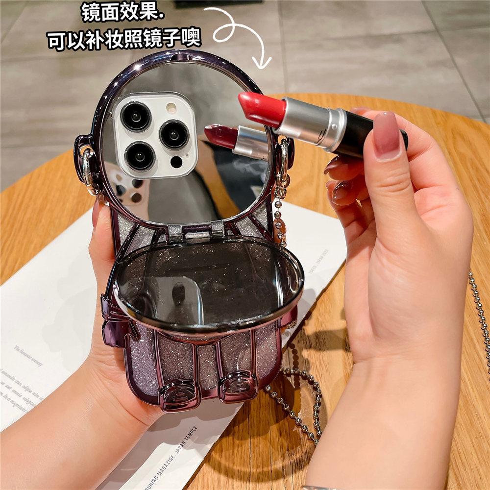 3D Astronaut Mirror Makup Clear Crossbody Phone Case For iPhone 16 15 14 Plus 13 12 11 Pro Max Glitter Shockproof Cover