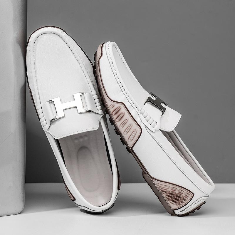 

Легкая модная обувь бренда Doudou из натуральной кожи, повседневные туфли из мягкой коровьей кожи с пряжкой H, мокасины большого размера с одной педалью 38