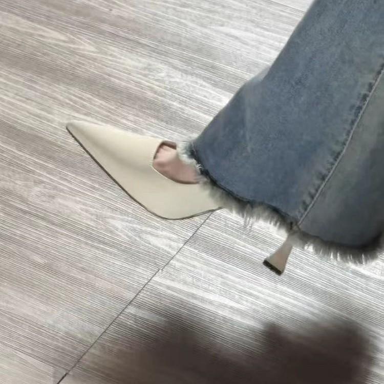 French back strap black pointed high heels rhinestone thin heel niche with skirt single shoes sandals women's black summer