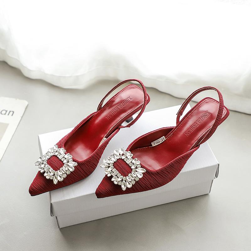 

Red high-heeled sandals women s outer wear summer 2025 new pointed-toed empty bag-head women s shoes rhinestone square buckle stiletto shoes 40 бордовый