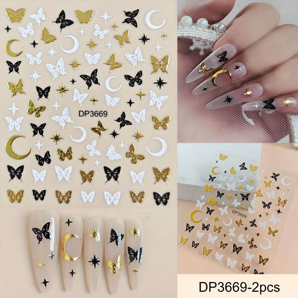 2pcs Nail Art Stickers Decals Embroidered 3D Golden Foil Heart Star Butterfly Self-Adhesive Stickers Nail Decor DIY Accessories