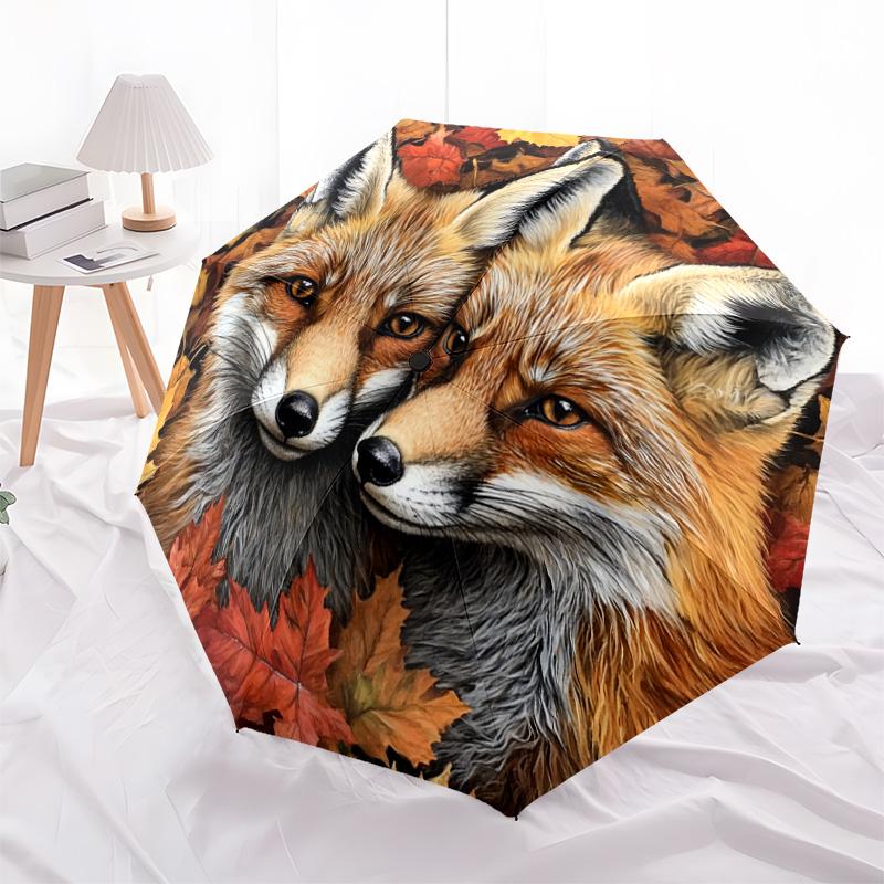 1 Stück Automatischer Faltregenschirm - Herbstfuchs-Muster, Tragbares & Faltbares Design mit 8 Speichen, Weihnachts-Geburtstagsgeschenke
