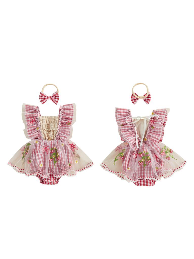 Toddler Girls Ruffle Sleeve Floral Print Romper Dress with Bow Headband Set Summer Outfit Clothes for Baby Girl