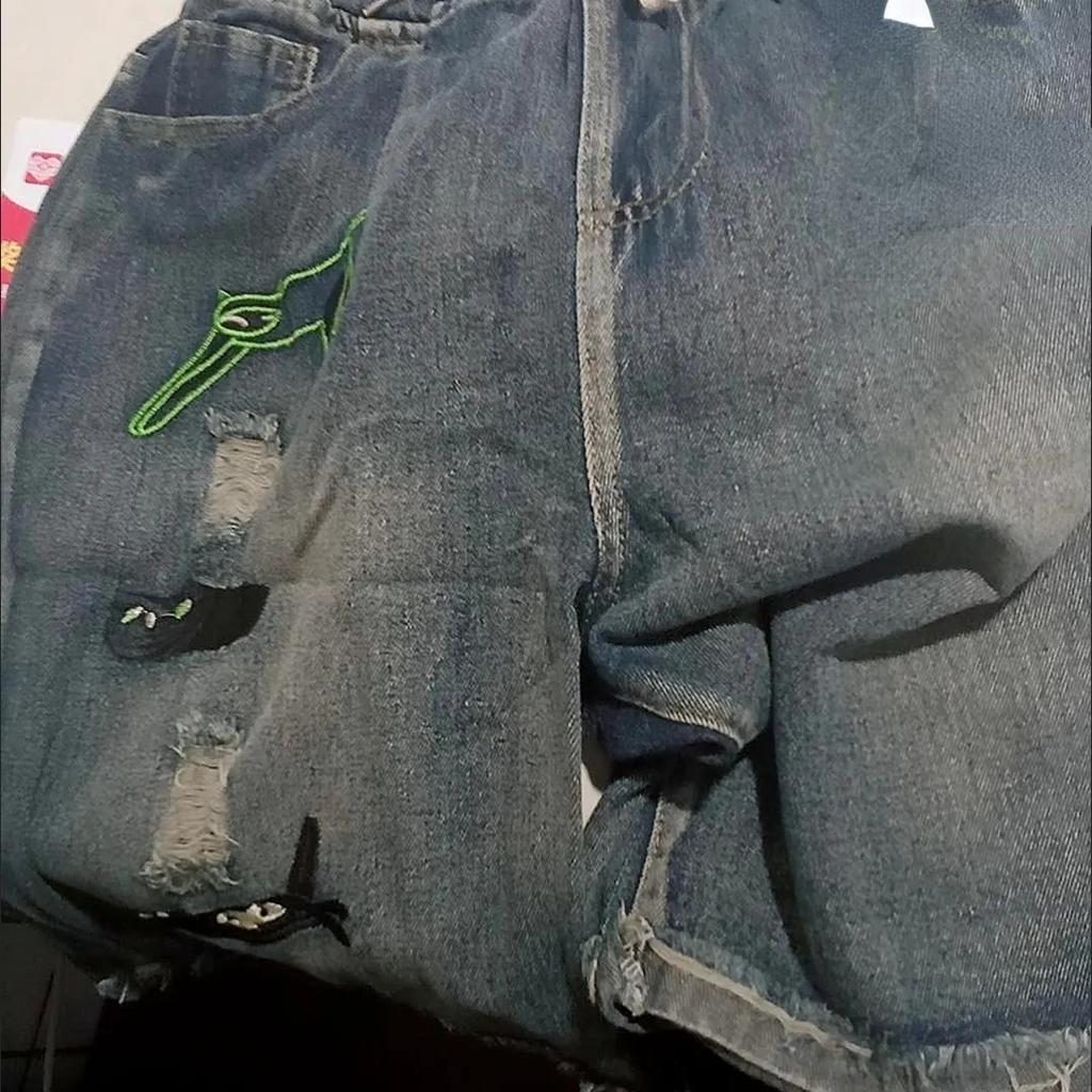 Haftowane spodenki jeansowe z elastyczną talią, damskie luźne spodnie z szerokimi nogawkami w dużych rozmiarach