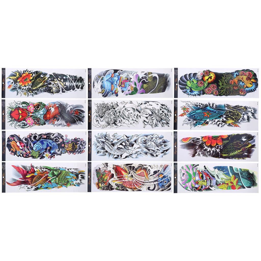 12pcs Fake Tattoo Sticker Temporary Waterproof Sweatproof Unisex Full Arm Tattoos Stickers
