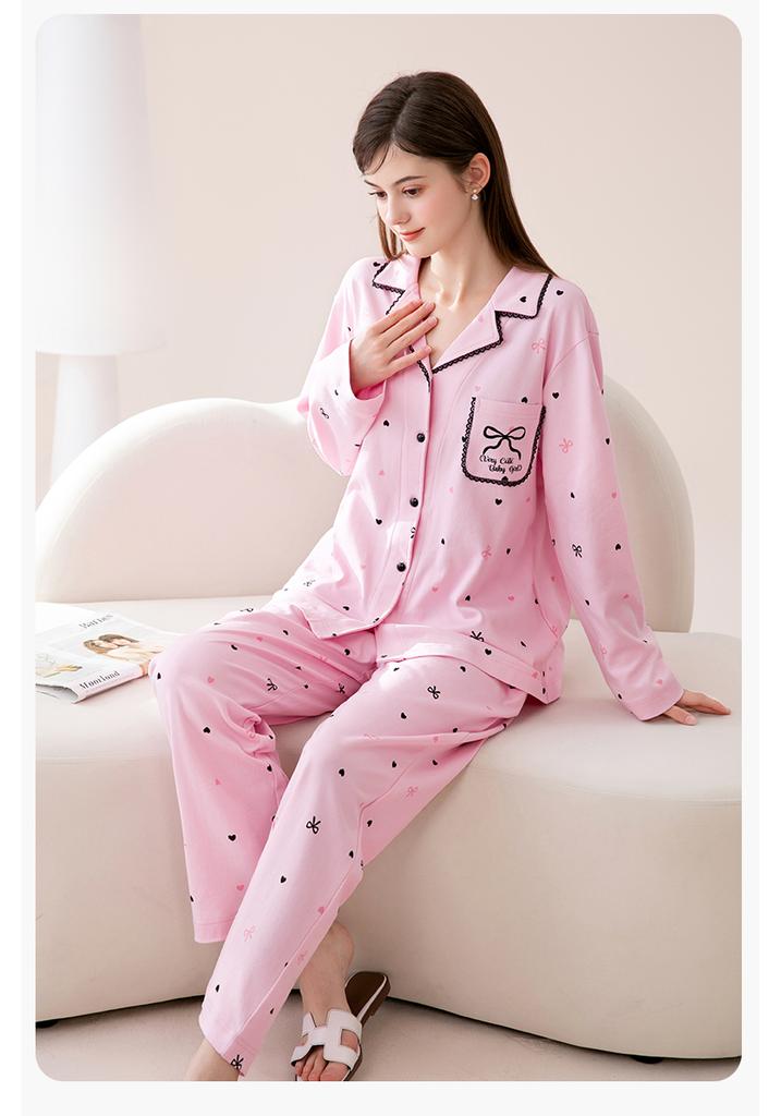 Fenteng Pure Cotton Collar Cardigan Sleepwear Set for Girls and Women