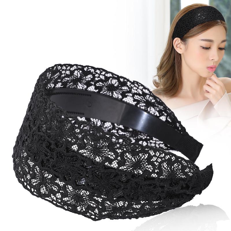 

Корейская женская кружевная повязка на голову с широкими полями для милого стиля Мори-гёрл чёрный