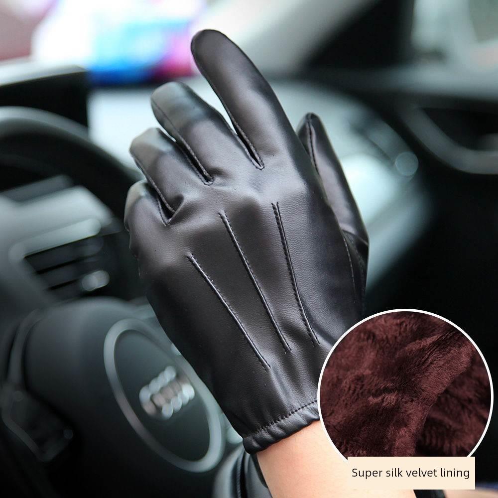 Autumn and Winter Leather Gloves for Men, Thin Style, Touchscreen-Compatible, for Driving, Cycling, and Motorcycling, Pu Leather with Fleece Lining