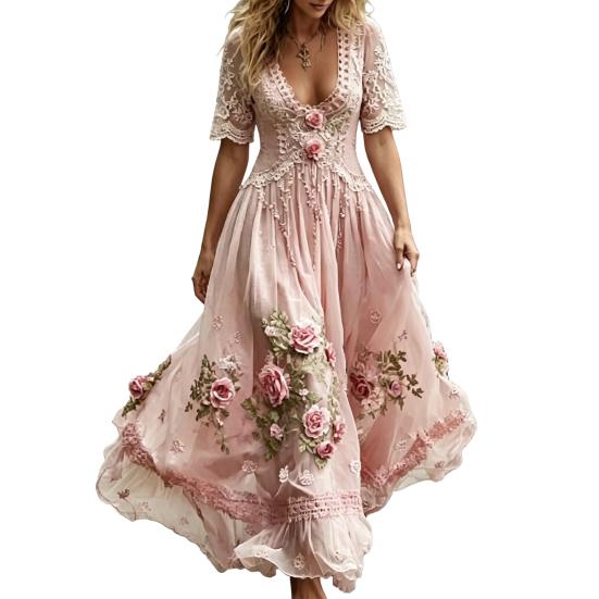 Women s Boho V-Neck Maxi Dress Floral Print Short Sleeve Casual S B