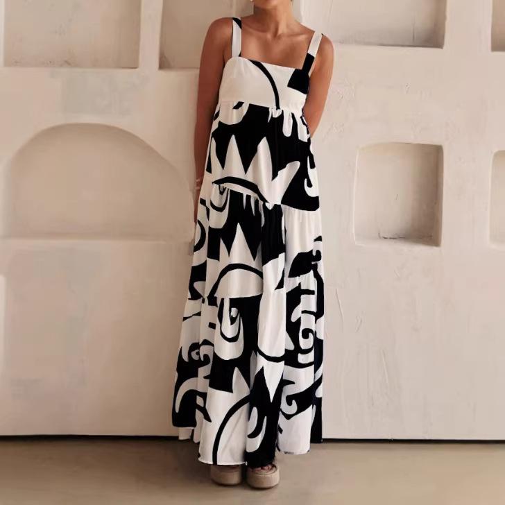 2026 Cross-border European and American Women's Clothing Summer Amazon Vacation Style Graffiti Printing Splicing Suspender Pendulum Dress Women