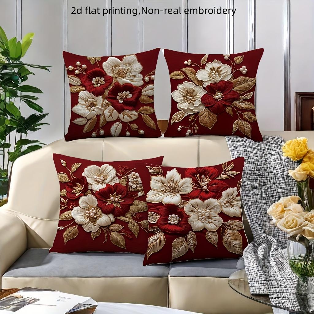 1/4pcs Red Floral Embroidered Pillowcases with 2d Flat Printing and Non-real Embroidery Sofa Cushion Cover Home Room Decoration