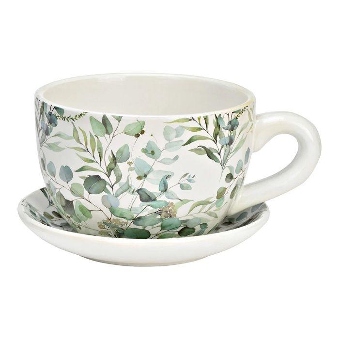 Pot de fleurs - EDEN - En forme de tasse - Décor eucalyptus - Céramique - 15 x 20 cm