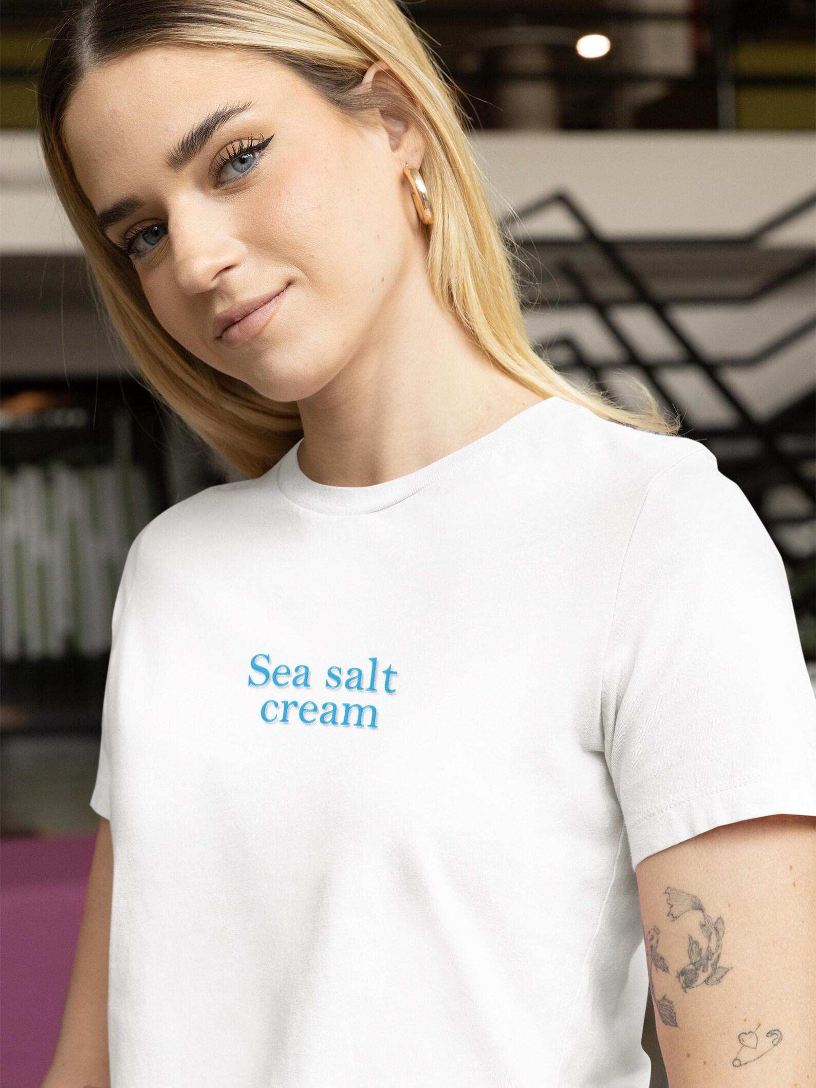 Sea Salt Cream T-shirt Embroidery | Minimal Blue Script, Beach Inspired | Muvmuv 4XL