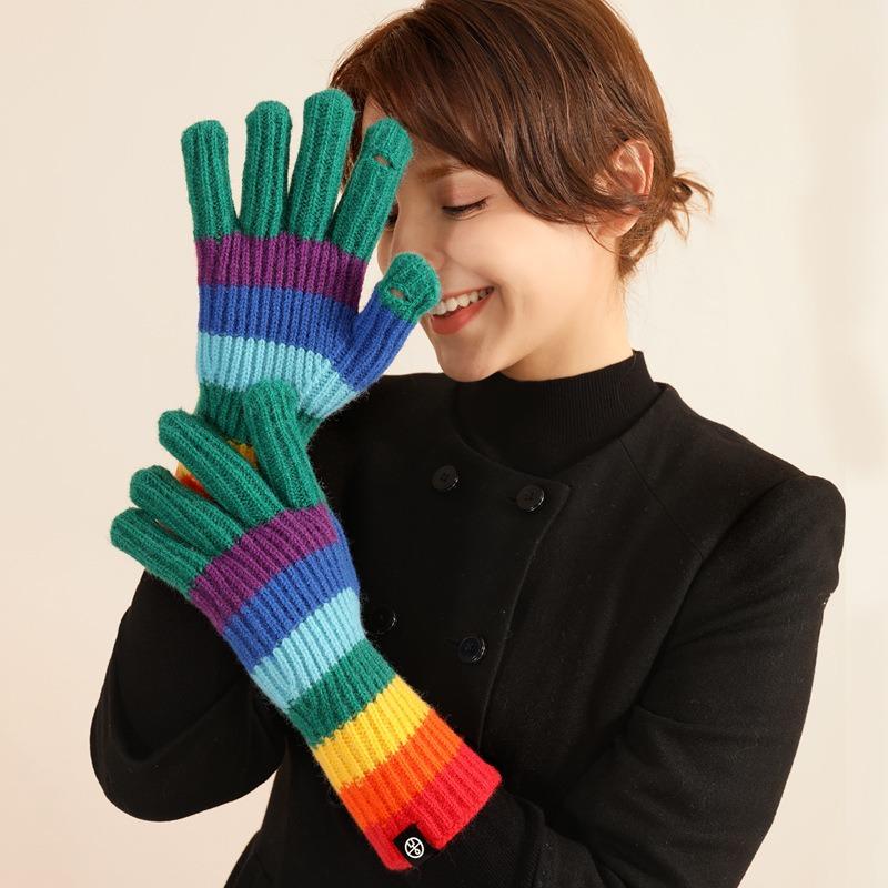 Hiver nouveau gants tricotés à rayures arc-en-ciel chauds gants pour femmes cyclisme coupe-froid gants en laine