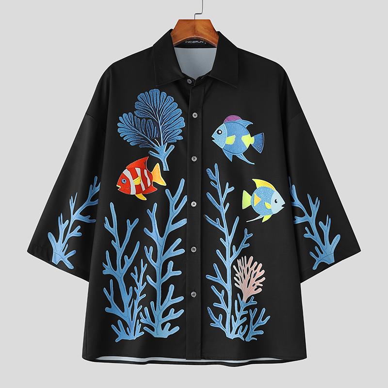 

INCERUN Мужские рубашки с лацканами, рукавами до локтя, цветочным принтом, повседневные, свободного кроя, оверсайз S чёрный