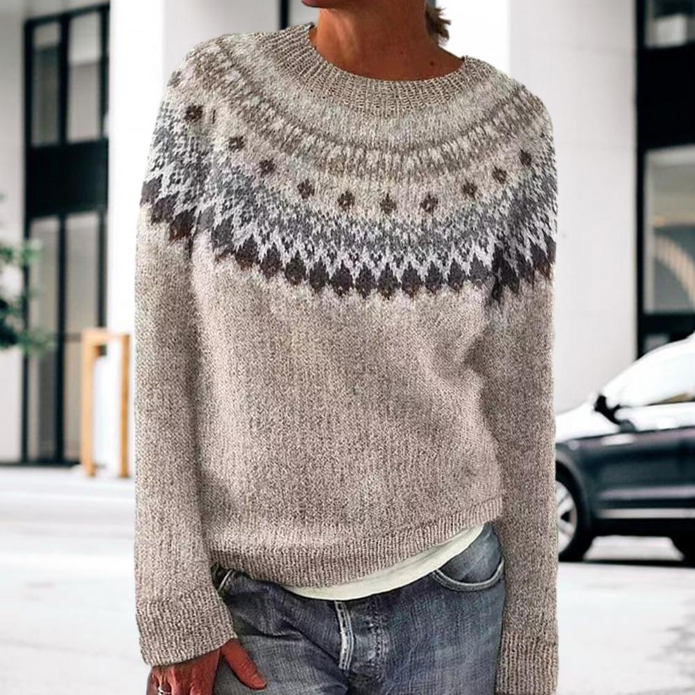 Knitted Sweater Geometric Pattern Patchwork Women's Sweater O-neck Long Sleeve Loose Fit Crochet Top in Color Knitting Style